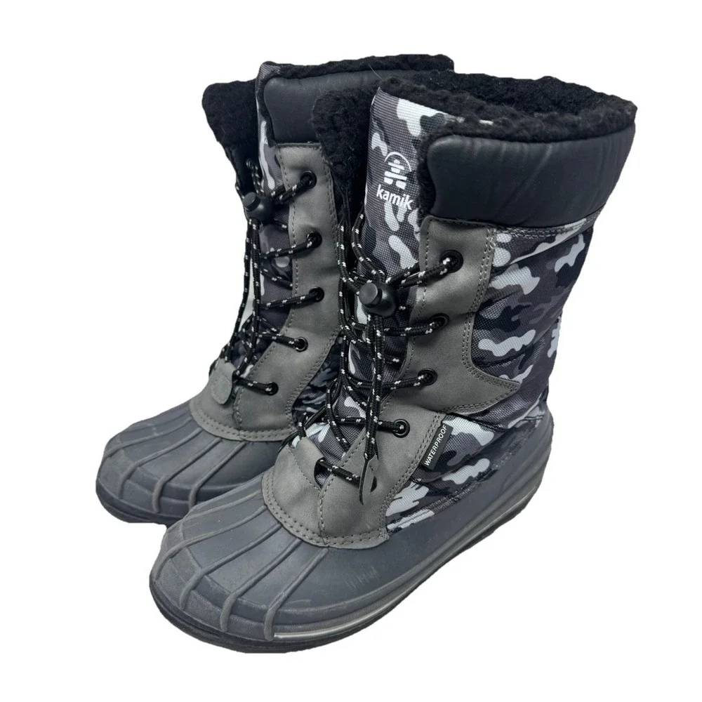 🔥Kamik 💰Waterproof 🖤🩶🖤Lined Winter Snow Boots Camo Army Print ‎ Sz 7$125